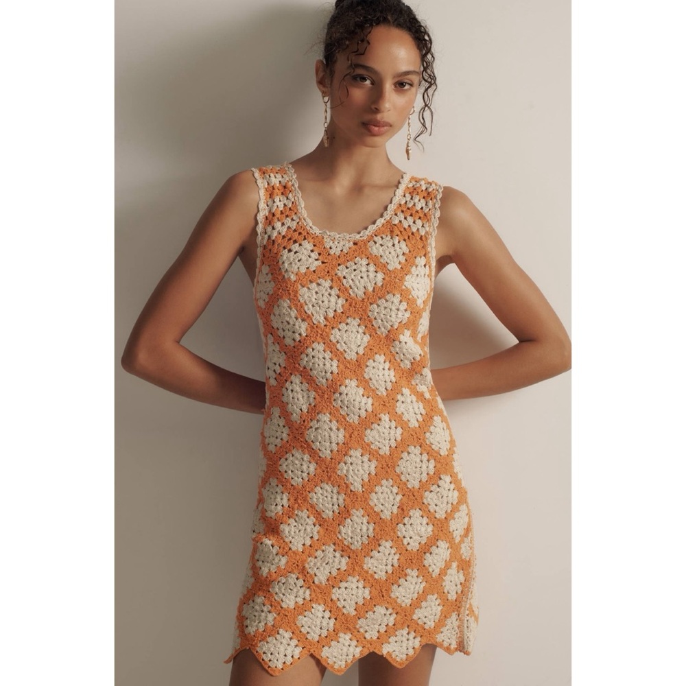 Anthropologie Orange and Cream Crochet Mini Dress